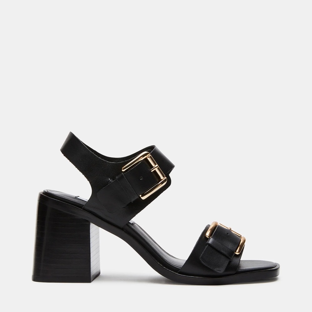 Steve Madden Tressa Black Leather Block Heels Buckle Size 8